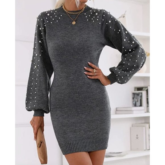 Gray Knit Pearl Embellished Lantern Sleeve Long Sleeve Bodycon Mini Dress - Picture 2 of 8